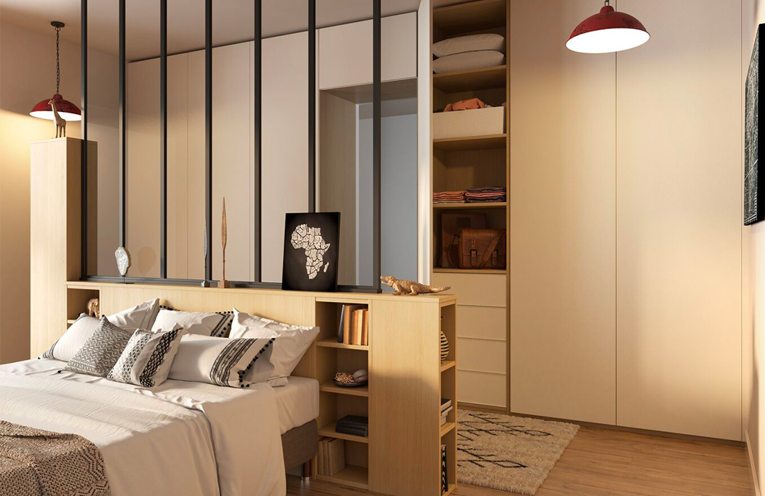 tete de lit avec rangement et séparation verrière